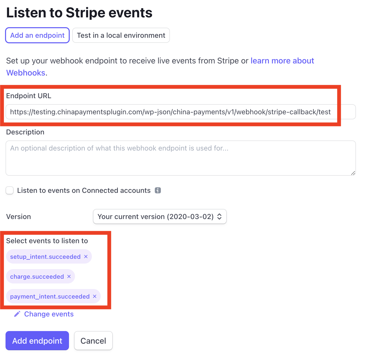 Configured Endpoint URL and Event