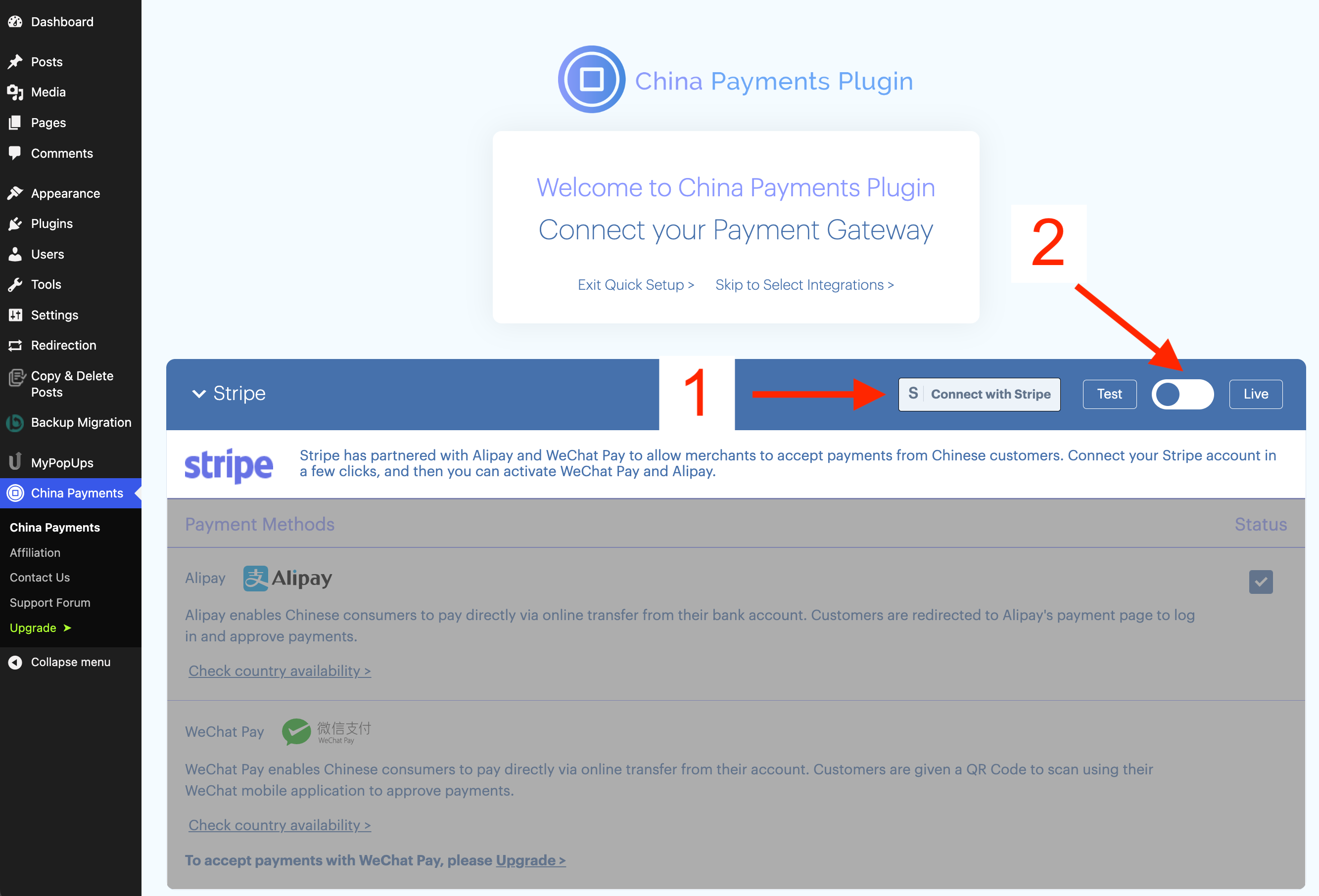 Quick Setup Flow for China Payments Plugin